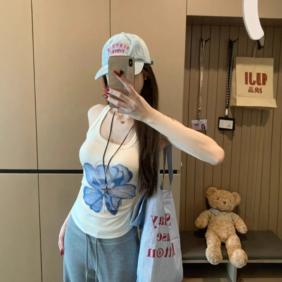 美式复古小兰花印花吊带背心女甜辣风独特设计感气质修身显瘦上衣