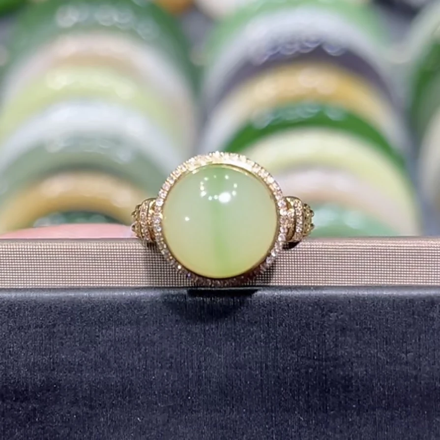 和田玉高冰翠青戒指18k金镶嵌