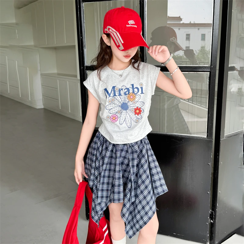 女童夏款小雏菊T恤套装2025新款夏季中大童不规则格子裙两件套潮