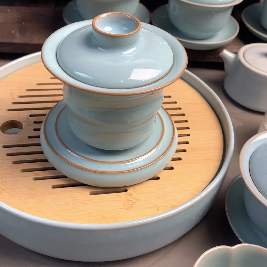 摆件陶瓷天青釉竹节盖碗原矿