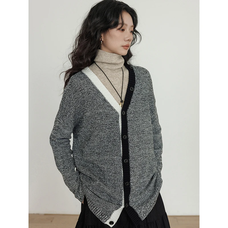 vastand维尚 冬季磨毛撞色v领针织开衫女毛衣老钱风慵懒软糯外套