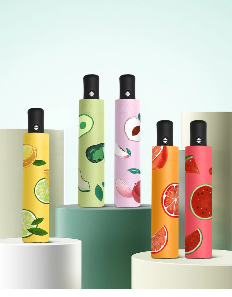 全自动手动花色水果晴雨伞三折防紫外线加厚黑胶伞UV折叠雨伞