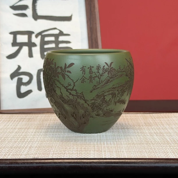 【汇雅馆】宜兴原矿紫砂绿泥水缸富贵有余刻绘大容量高档茶具泡茶杯