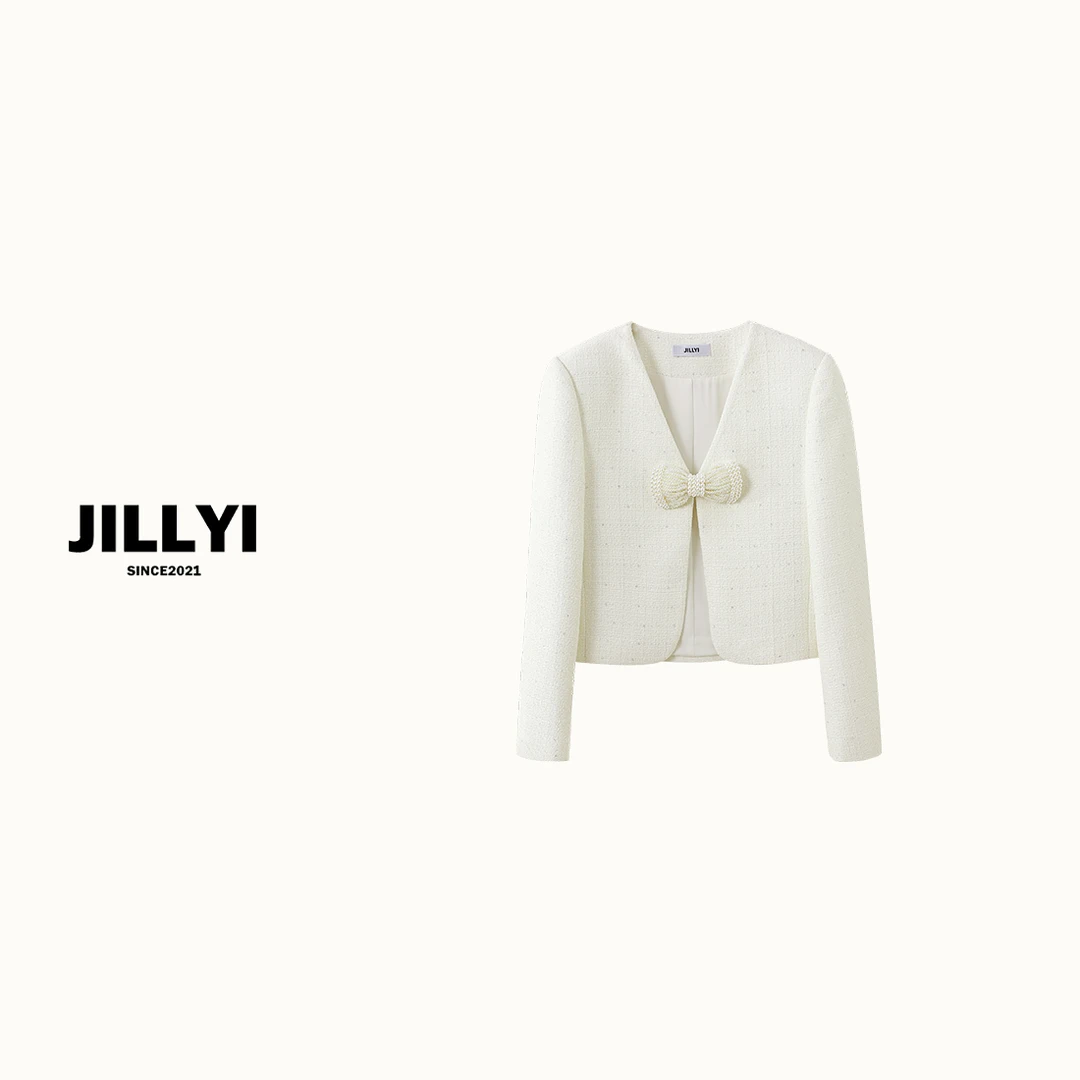 JILLYI南山店【白茶契约】白色V领中式风秋冬季季时尚百搭短外套
