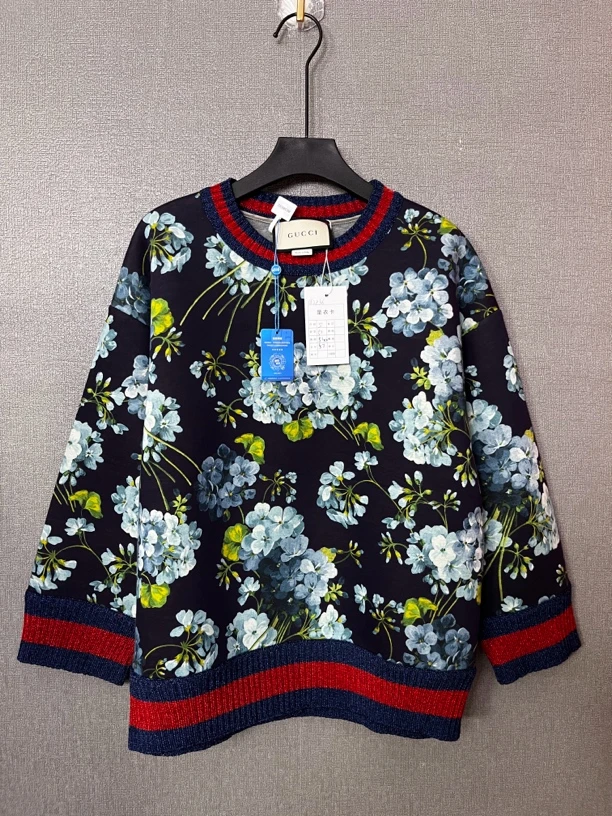 95新 GUCCI/古驰 蓝色花纹圆领卫衣上衣