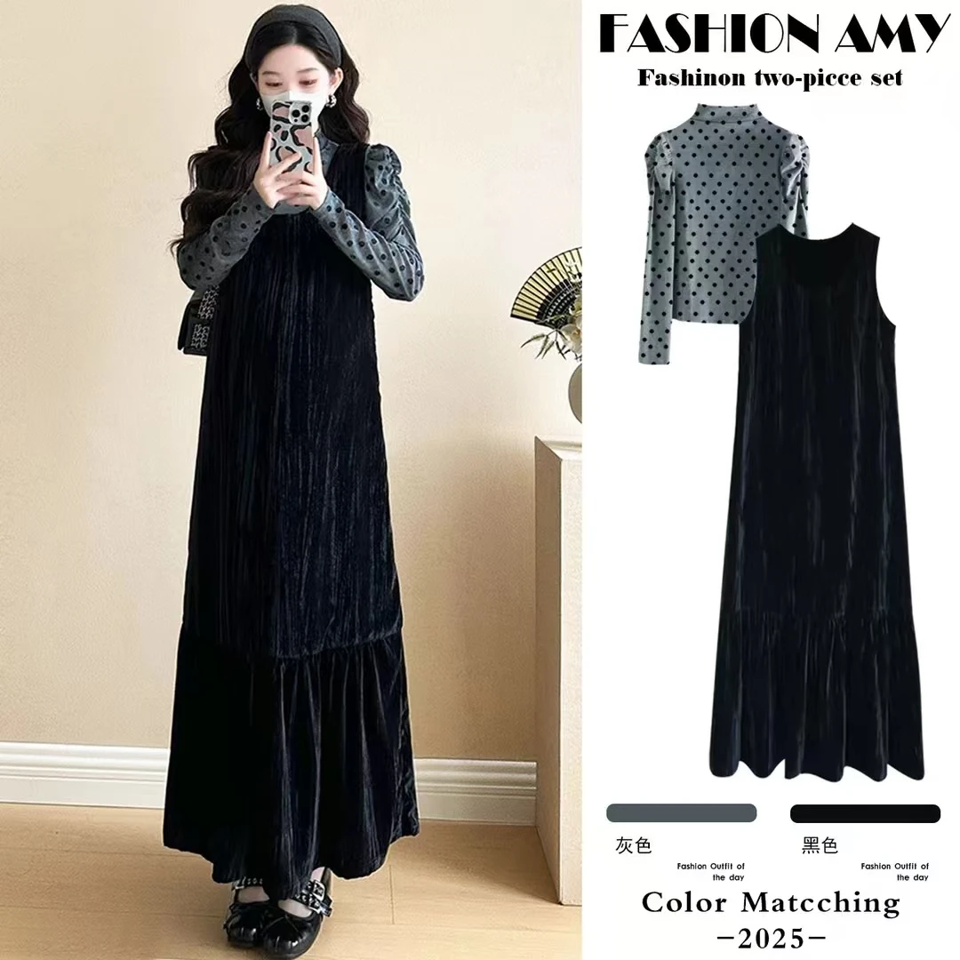 孕妇套装春装新款时尚韩版洋气波点打底衫气质显瘦丝绒鱼尾背心裙