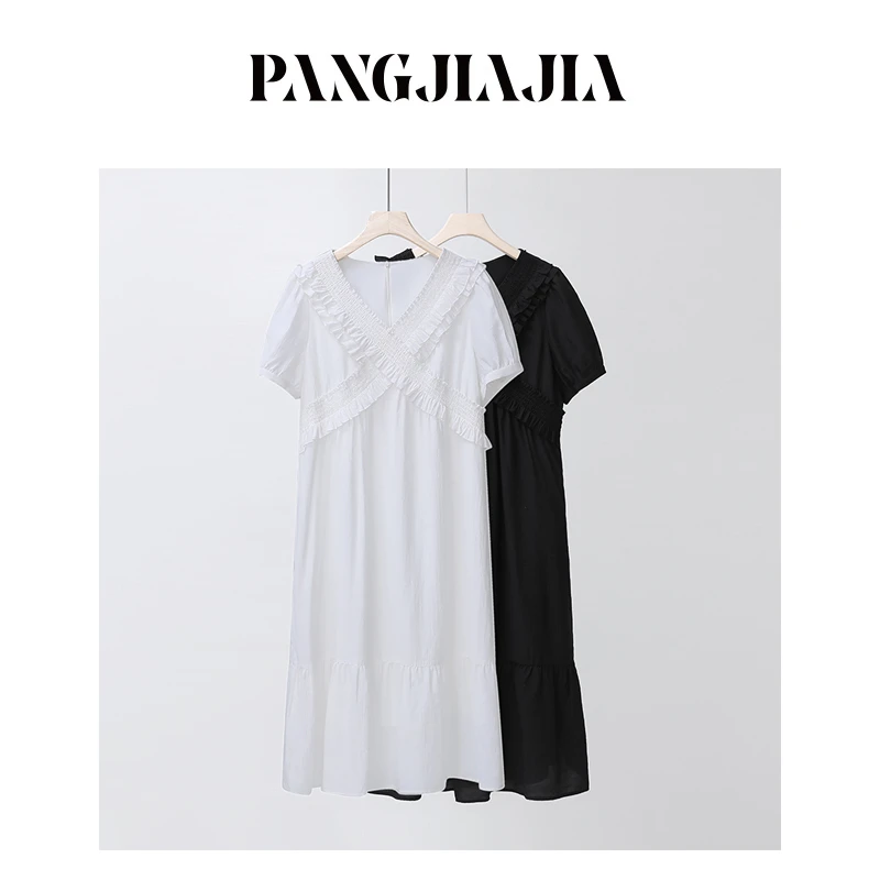 【胖佳佳】花嫁 短袖连衣裙夏季时尚木耳边v领收腰长裙子H624Z07282