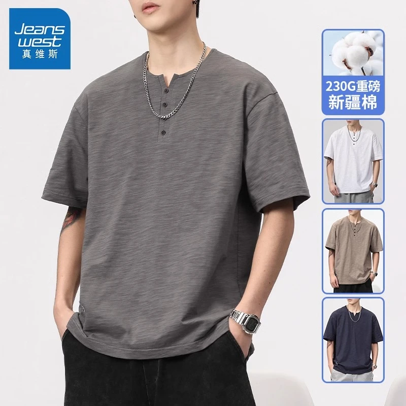 真维斯棉麻男短袖t恤无领中国风亚麻衣服潮流简约中式风体恤衬衫