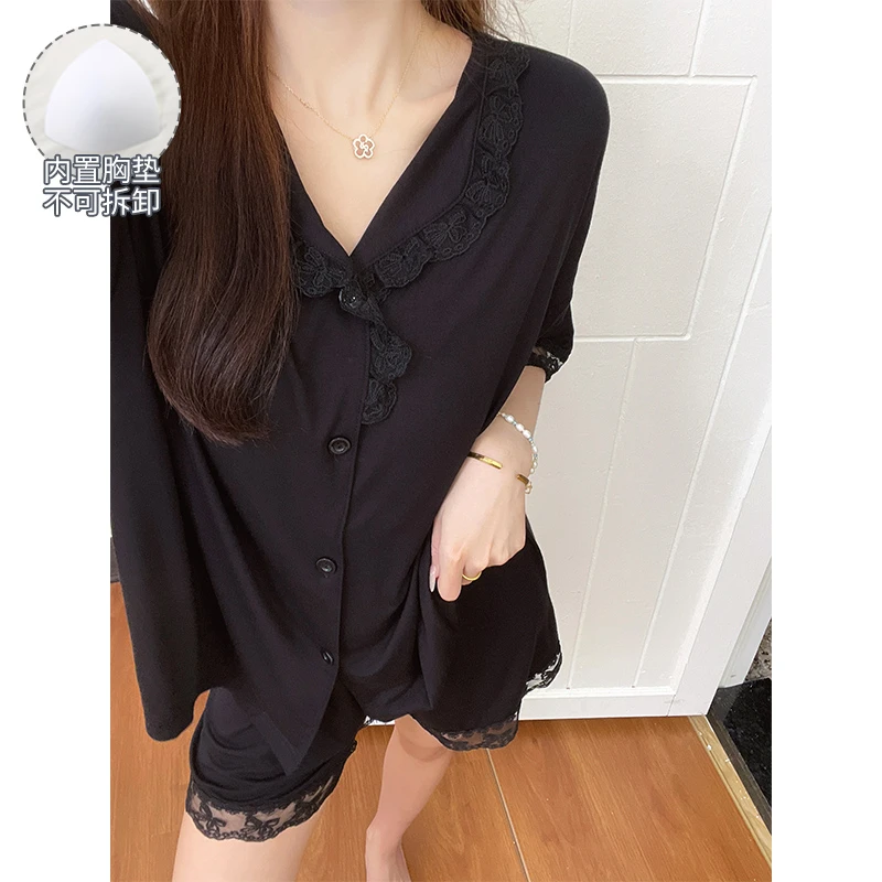 夏季睡衣女款爆款2025新款可外穿甜美风短袖带胸垫大码套装家居服