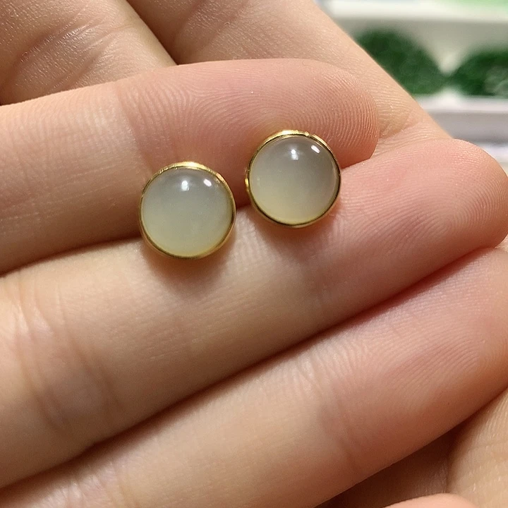 银S925镀金镶嵌和田玉(青白玉)耳饰