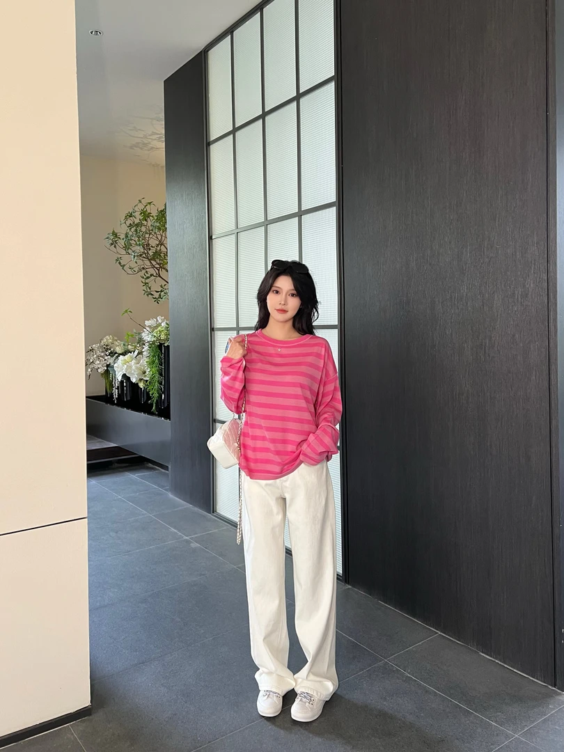 【BAGALIO】绵羊毛条纹套头圆领针织衫上衣 495