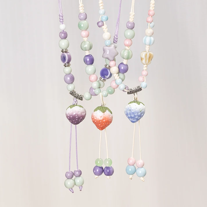 非金属棉绳项链 陶瓷草莓项链景德镇陶瓷珠毛衣汉服项链小众礼物