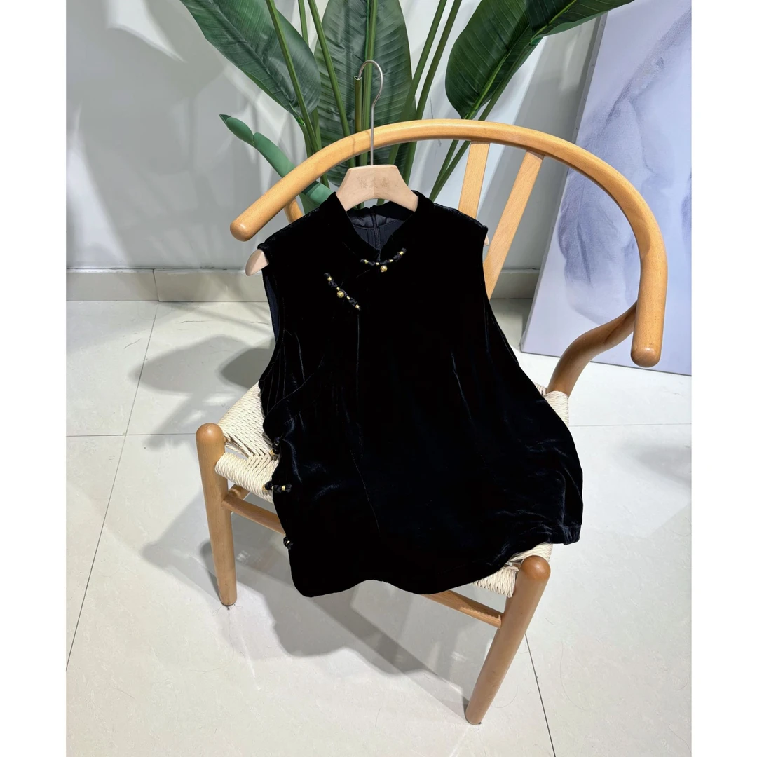 DY3061樱美嘉真丝丝绒秋季新款设计款马甲重工修身女式上衣