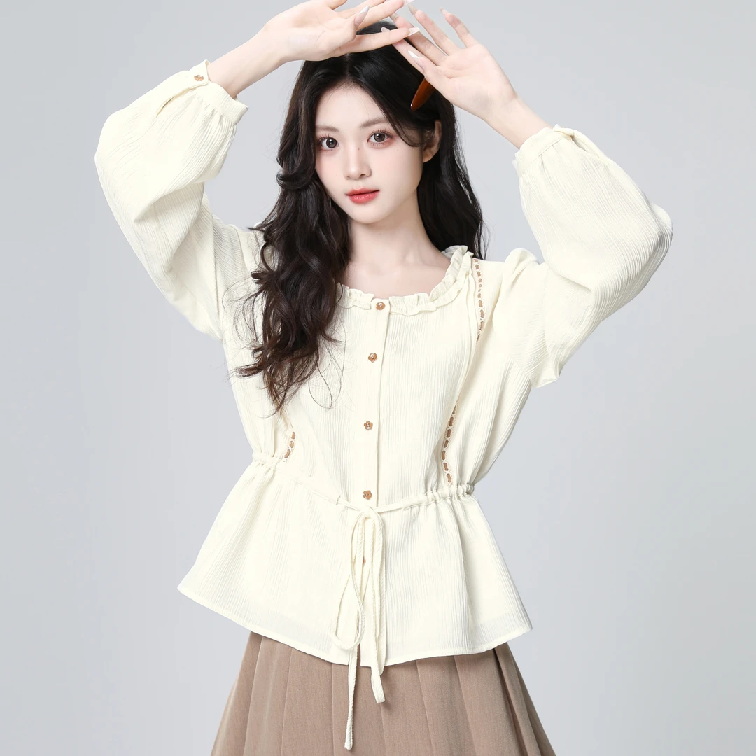 法式圆领长袖衬衫女春秋2025秋新款木耳边设计感系带收腰衬衣上衣