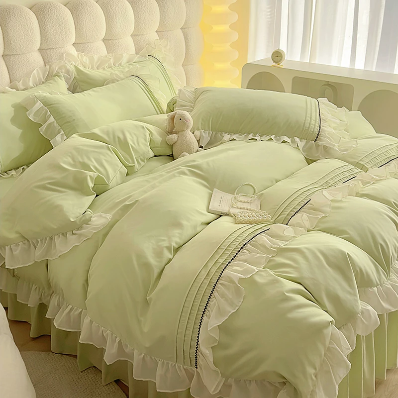 ins小清新绿色荷叶花边被套床裙四件套少女心水洗棉床单被套三件A