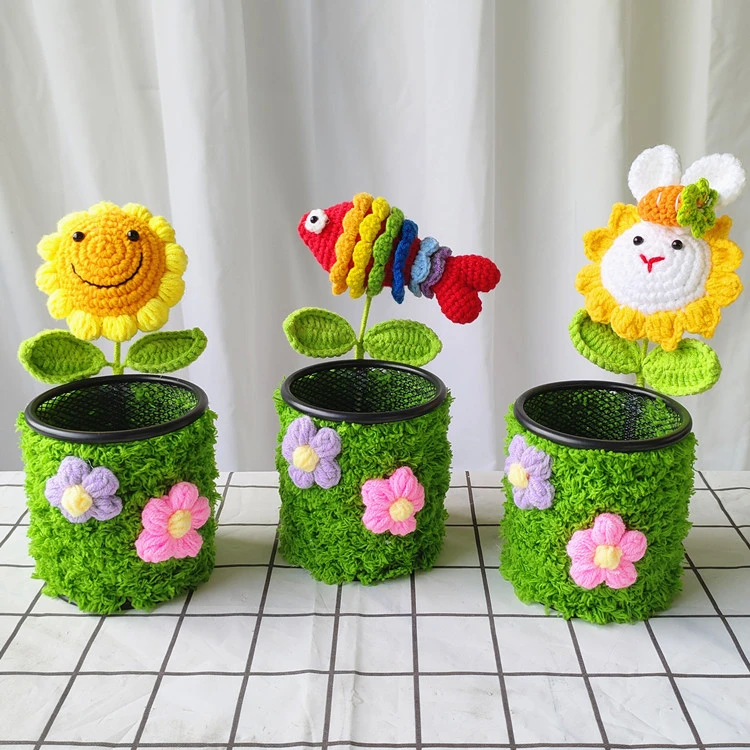 成品手工针织笑脸向日葵花束编织笔筒卡通桌面摆件生日毕业教师节