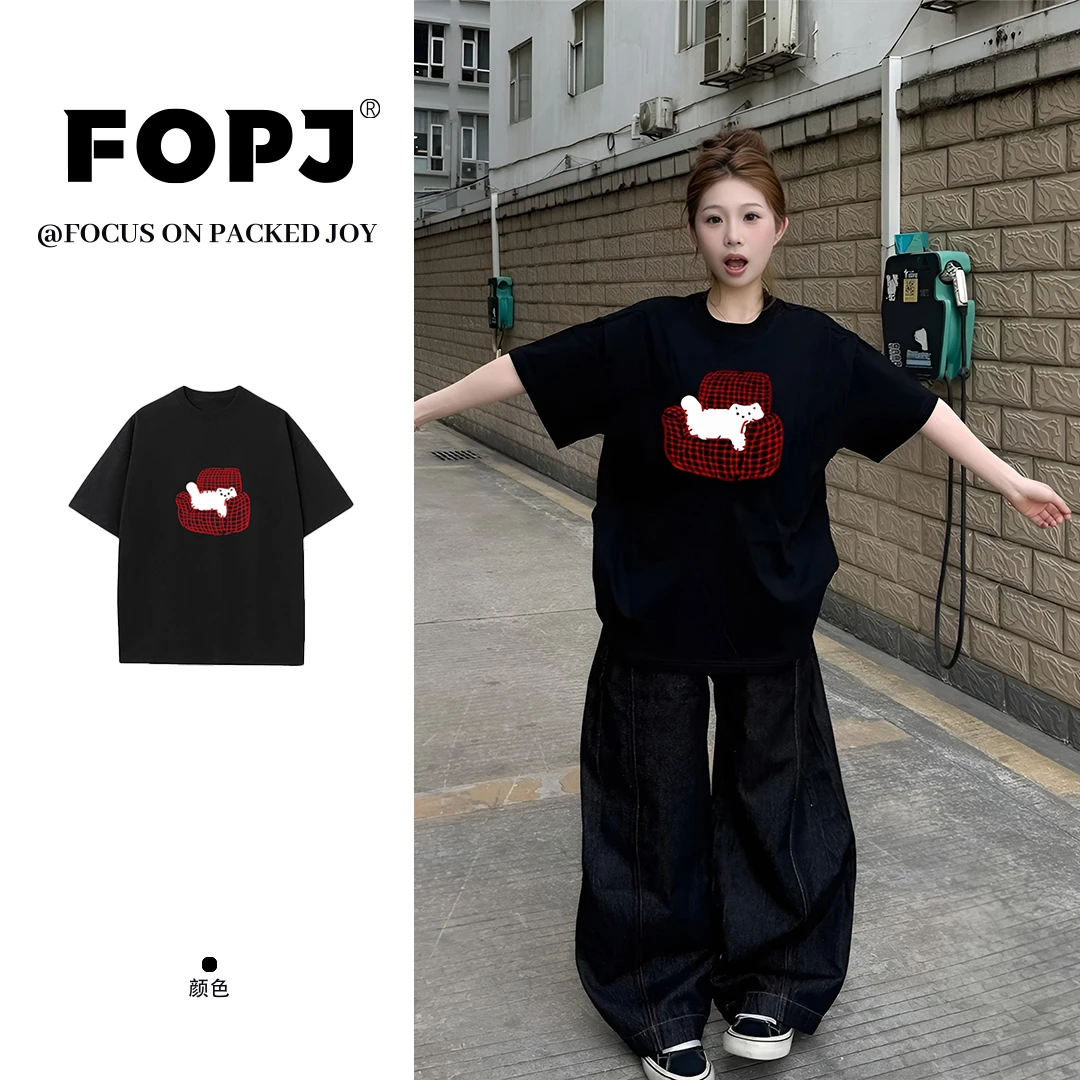 FOPJ夏季纯棉短袖t恤女美式复古沙发猫印花学院风潮流百搭ins上衣