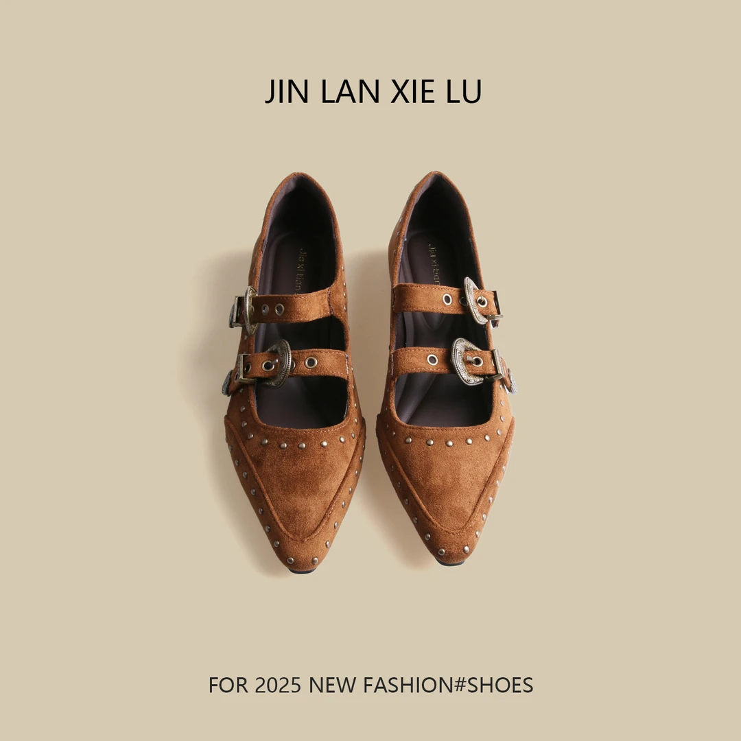 单鞋尖头浅口学院风玛丽珍鞋内增高鞋女鞋子铆钉