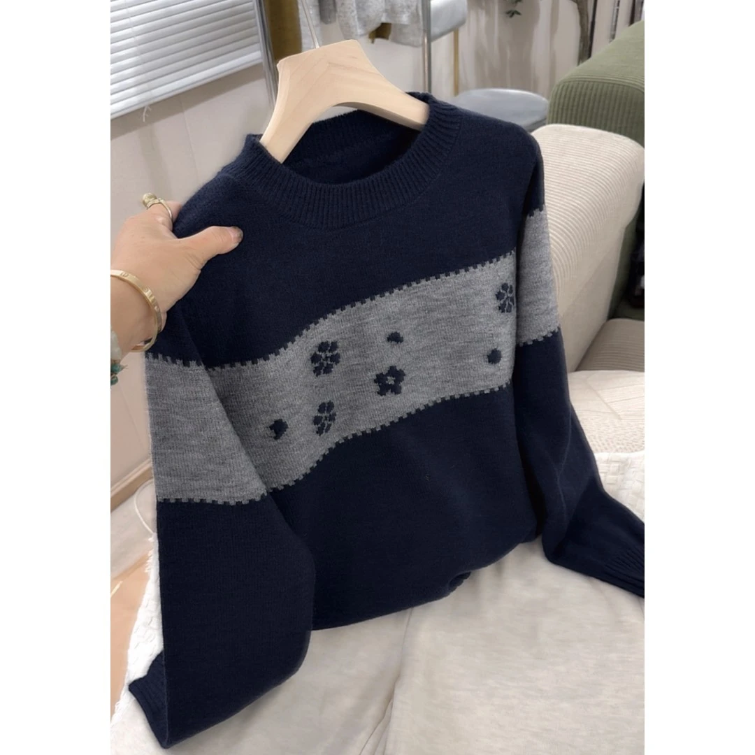 3364藏青色提花复古慵懒风加厚圆领女秋冬新款慵懒风毛针织衫