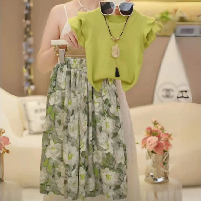 [现货]女童夏季荷叶边短袖套装2025新款洋气花边T恤阔腿裤两件套