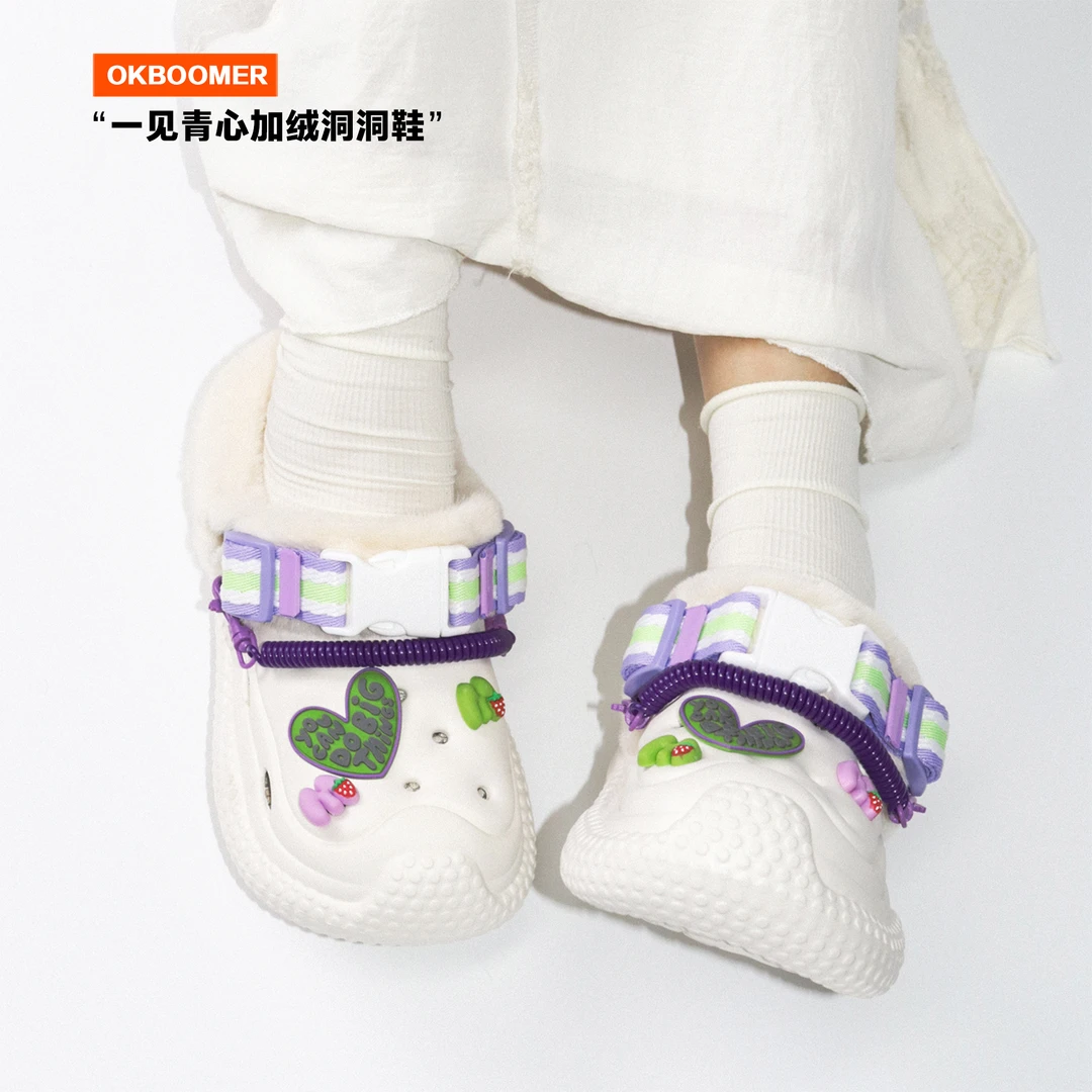 OKBOOMER一见青心加绒洞洞鞋冬季外穿一脚蹬保暖巨好看女毛毛拖鞋