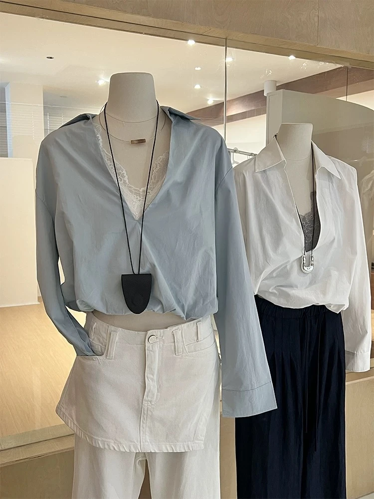 「阿男Anna」韩蓝衬衫  ins款修身显瘦蕾丝衬衣 134-25A025