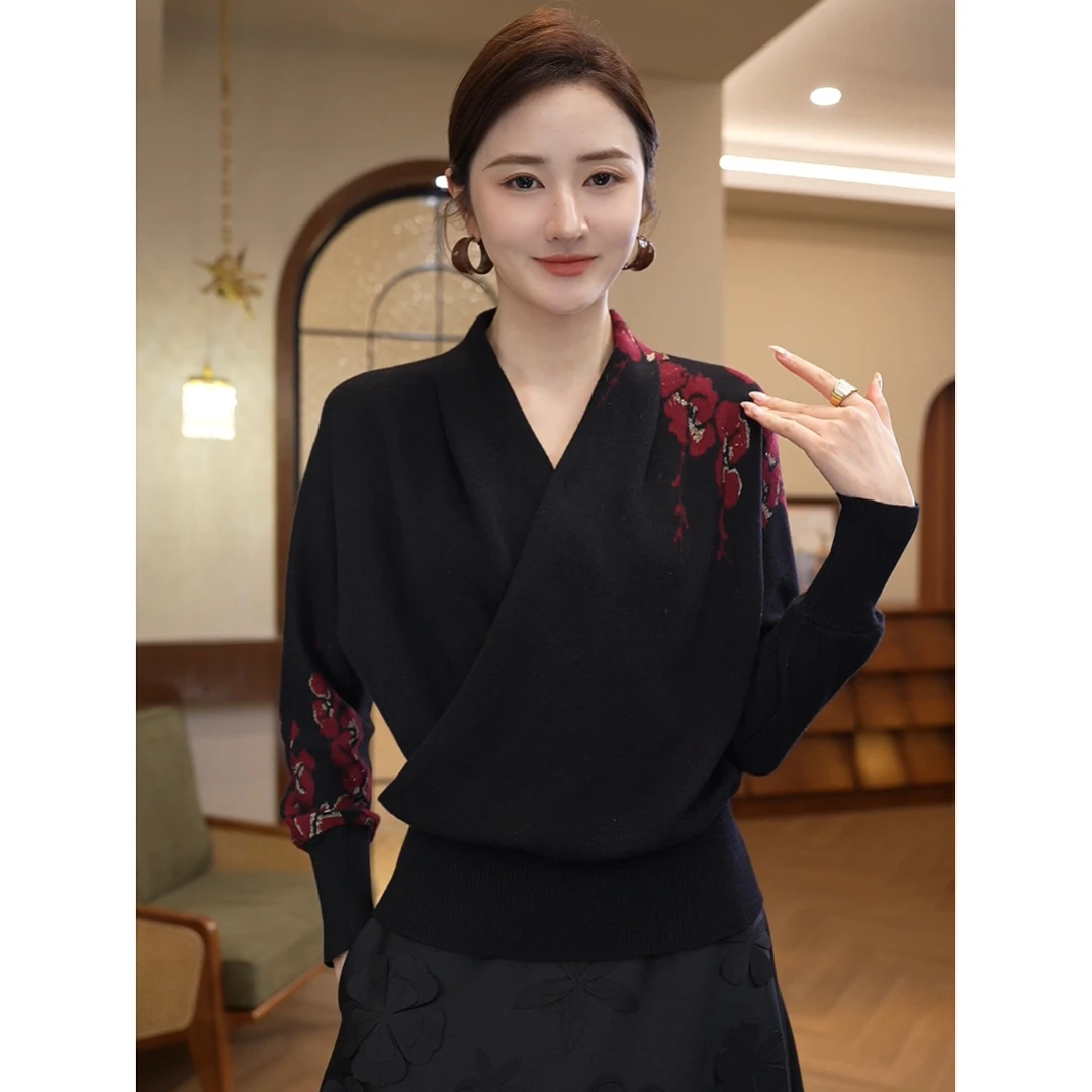 现货2025秋冬新款【ZM-988JR】含绵羊毛时尚红黑色V领外穿针织毛衣