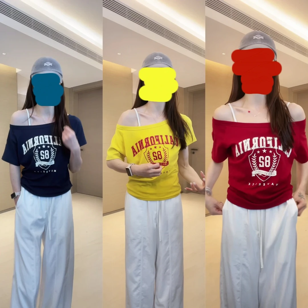 夏季新款斜肩T恤女春夏透气百搭纯棉舒适t恤女款印花