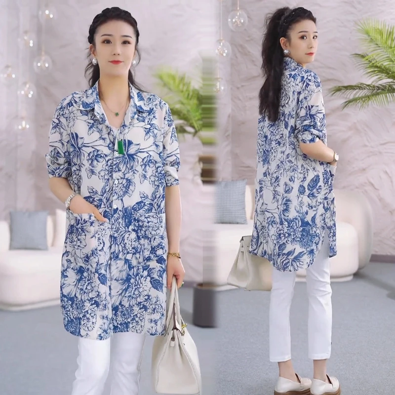 2025春夏新款时尚国风青花衬衫大码显瘦防晒开衫女碎花衬衣洋气
