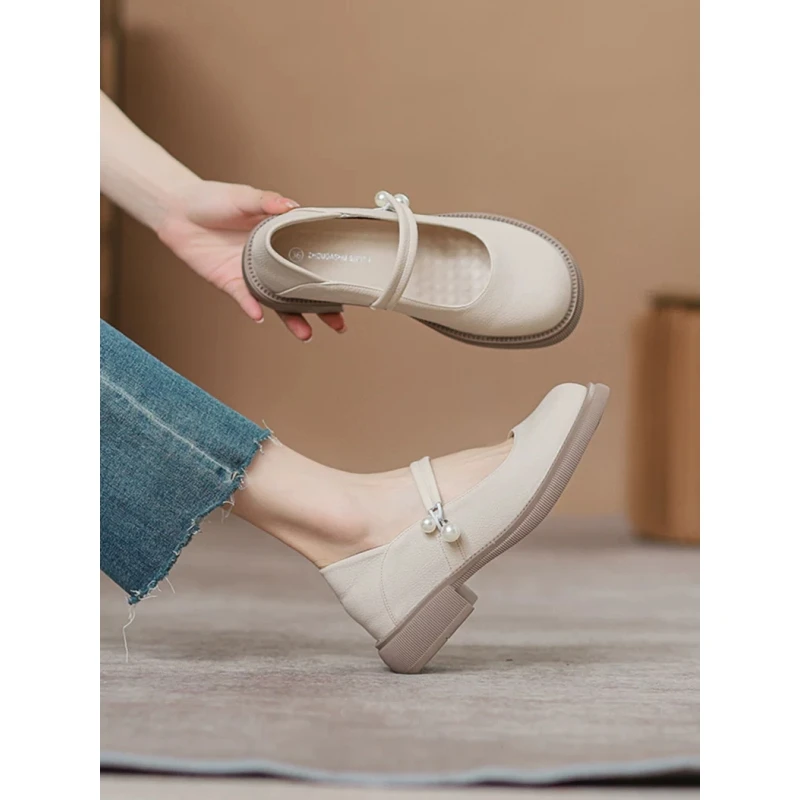 厚底玛丽珍单鞋女2025新款浅口珍珠新中式内增高小码32英伦小皮鞋