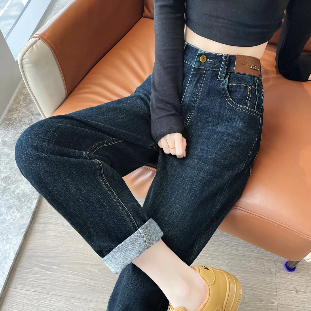 深蓝色哈伦牛仔裤女2025新款大码胖mm巨显瘦裤子梨型身材粗腿宽胯