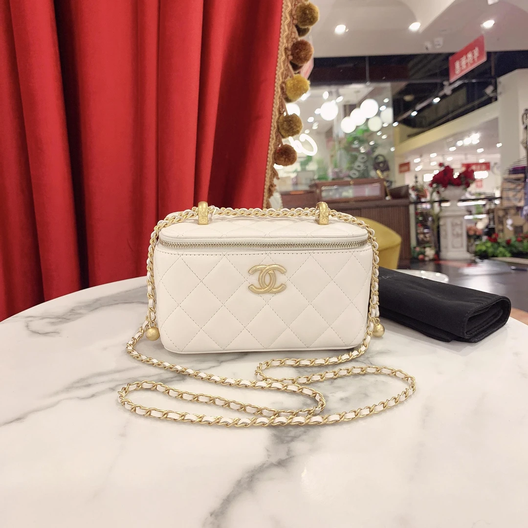95新 Chanel/香奈儿 GGS24c双金珠长盒子白金牛皮芯片款80790700