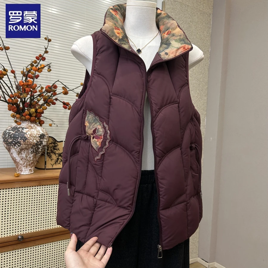 罗蒙妈妈立领休闲马甲新款轻薄保暖绣花背心外套中老年国风上衣