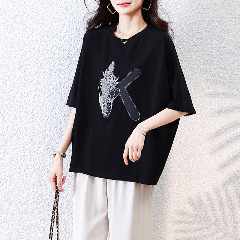 设计感印花五分袖圆领t恤2025夏季新款宽松显瘦百搭大码小衫上衣