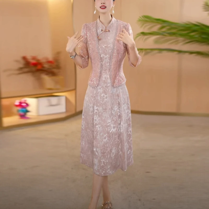 浮光锦新中式国风套装裙2025早秋季新款名媛中长款两件套连衣裙子