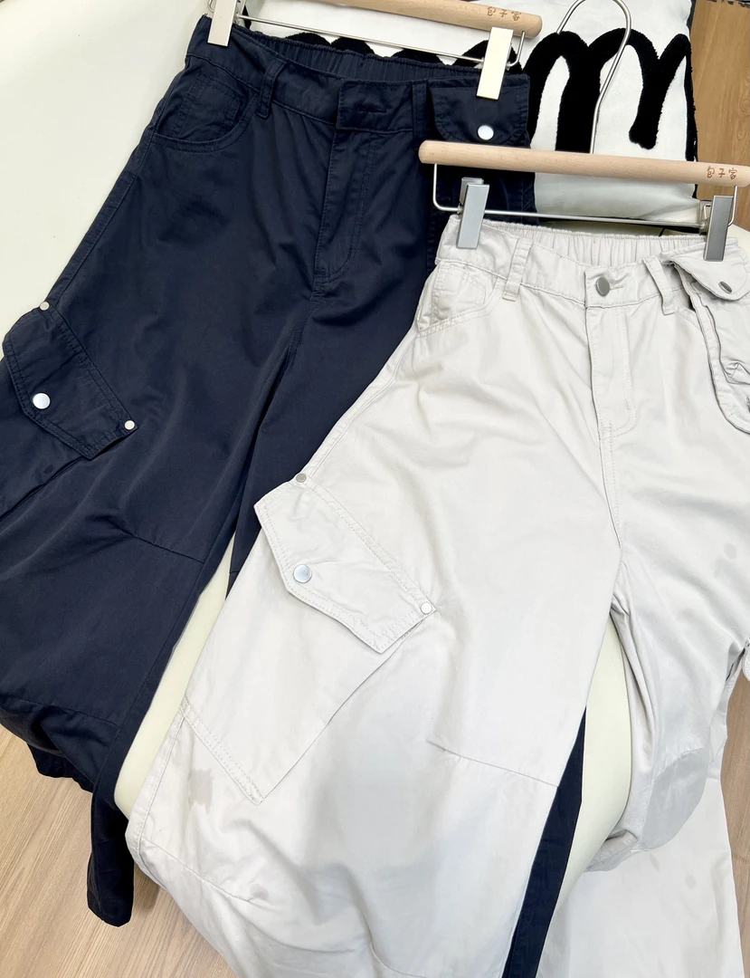 【泡泡糖】小个子街头长裤口袋直筒裤时尚休闲裤夏季韩版潮流百搭