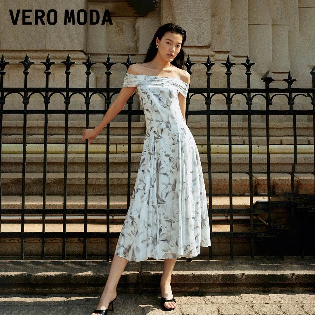 Vero Moda连衣裙女欧若风一字肩洋气时尚水墨印花长裙32427B011