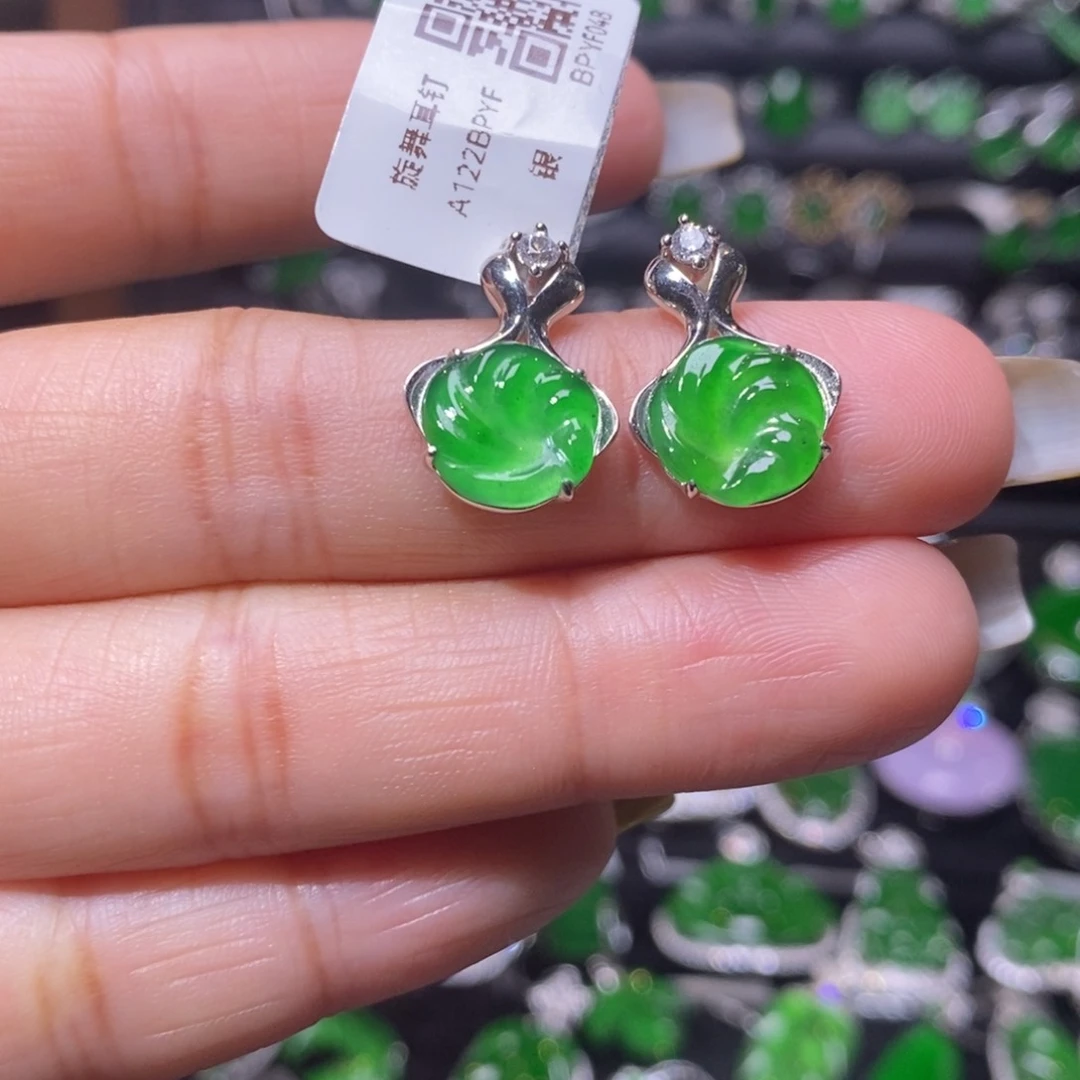 翡翠耳饰银S925镶嵌旋舞耳钉