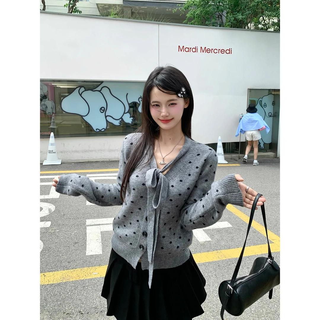 【七七清仓】千金感波点百搭超好看绝美法式蝴蝶结外套针织衫8095#