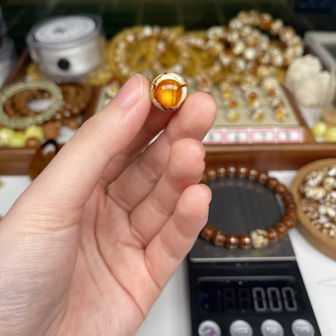 沁色蜜蜡白花圆珠尺寸13mm搭配手串好看9248号