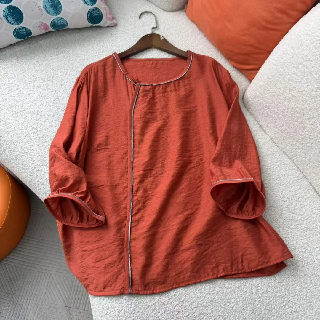 夏季女七分袖半套头衬衣新中式衬衫