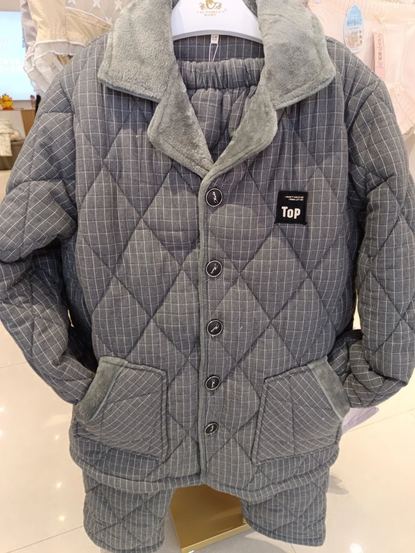 男士灰色格子纯棉睡衣新款秋冬可家居可外穿家居服