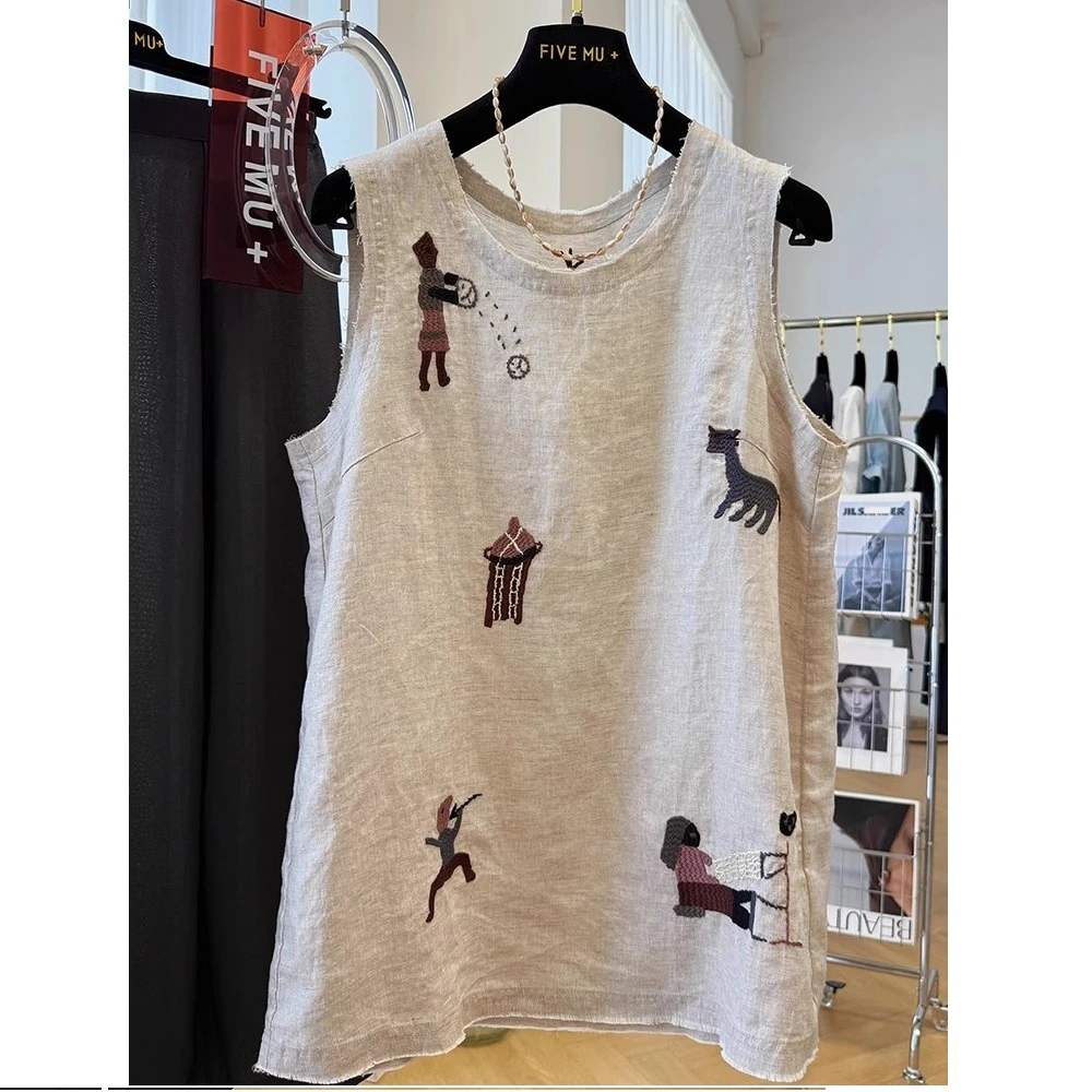 高端亚麻重工刺绣漂亮无袖上衣小衫女夏季新款中长款外穿马甲背心