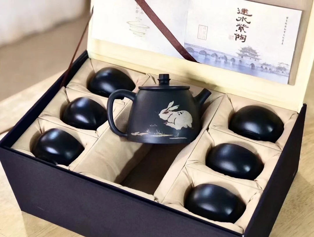 建水紫陶彩填陶瓷壶套装纯手工制作天然安全建水紫陶泥非紫砂茶具