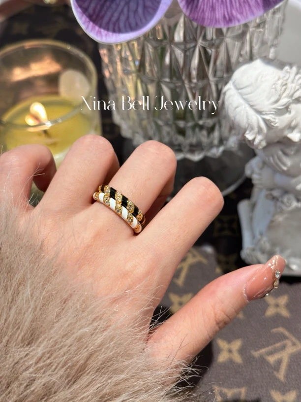 铜合金珐琅戒指 中古百搭戒指气质轻奢时尚复古法式小众简约个性