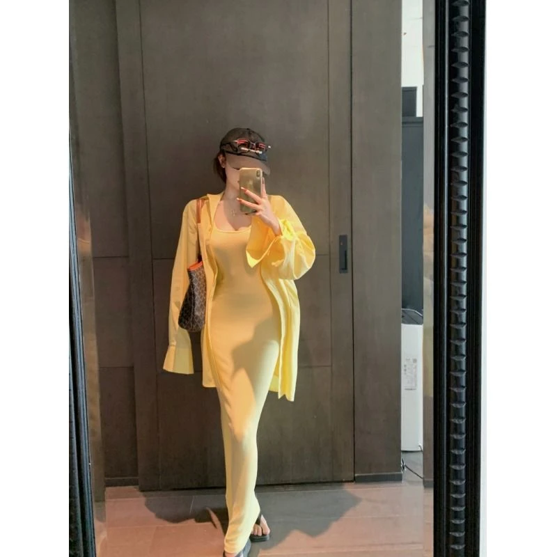 黄色领长袖衬衫外套女夏季休闲套装吊带连衣裙鱼尾长裙两件套