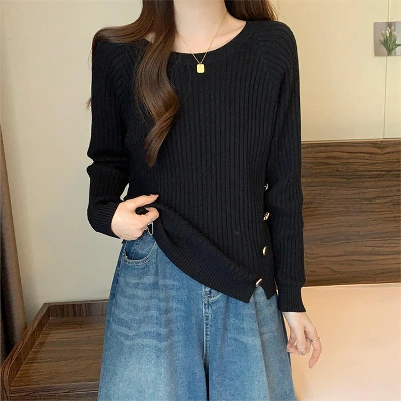 胖mm遮肉显瘦圆领内搭针织打底衫女秋冬新款简约减龄长袖女士毛衣