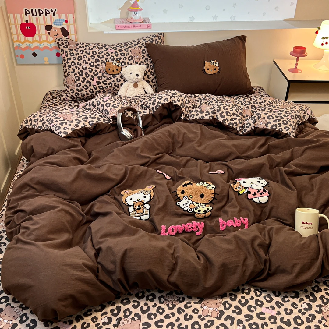 可爱风豹纹印花毛巾绣水洗棉四件套床上被套非全棉纯棉床单三件套