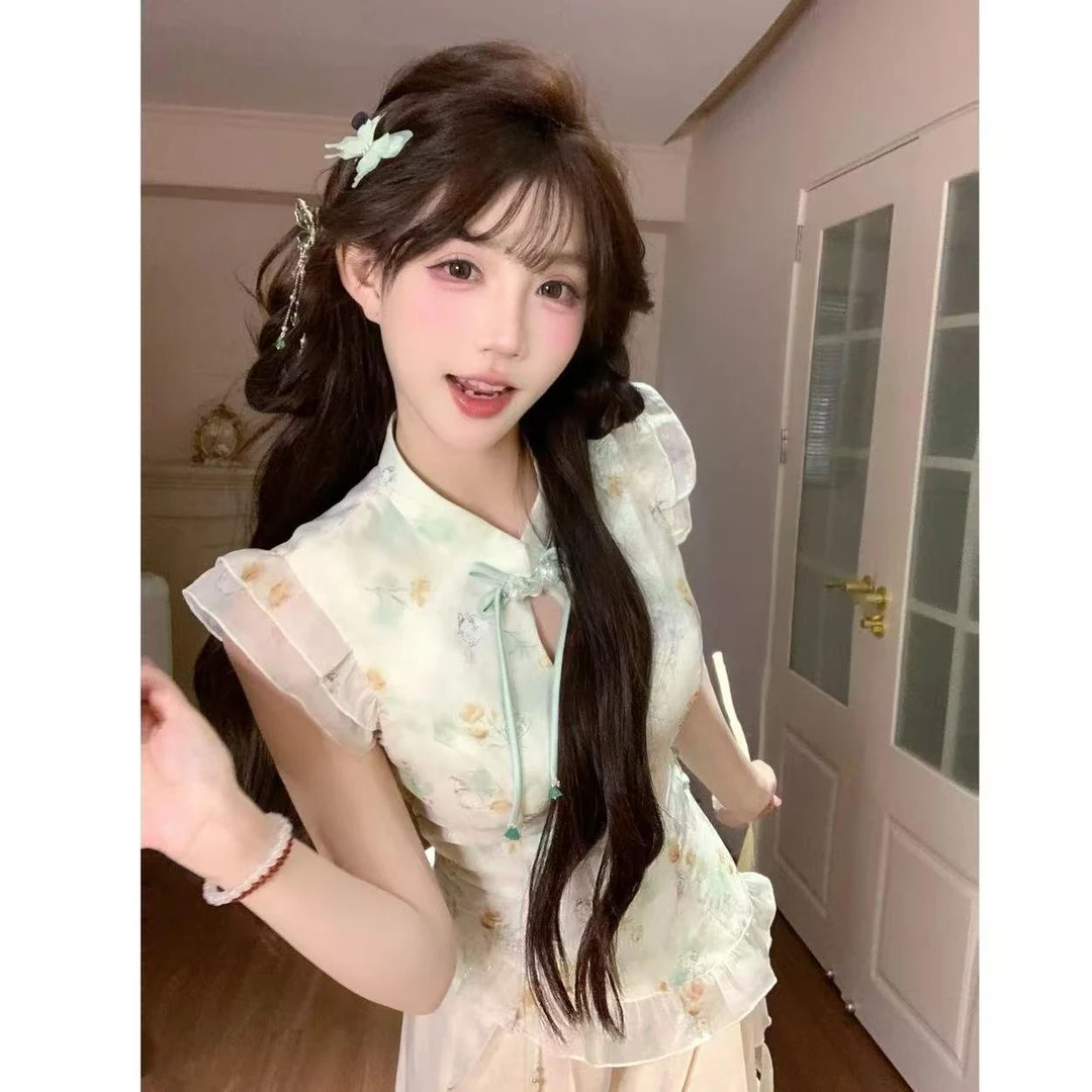 新中式镂空小飞袖设计感上衣女夏季高腰显瘦垂感直筒阔腿裤两件套