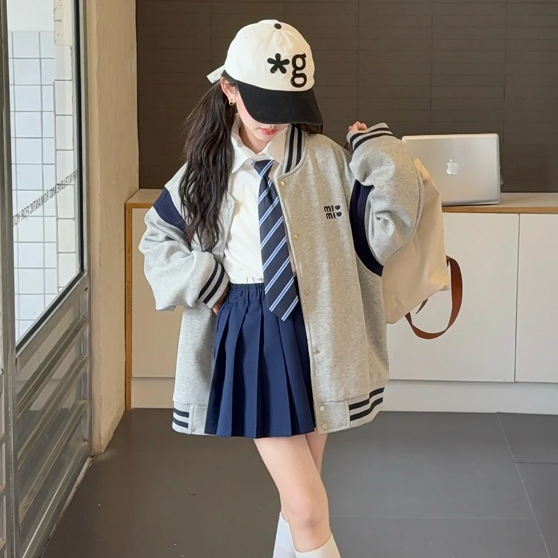 女童秋季新款楠木棉拼色棒球服外套中大童青少年时髦潮流女童装